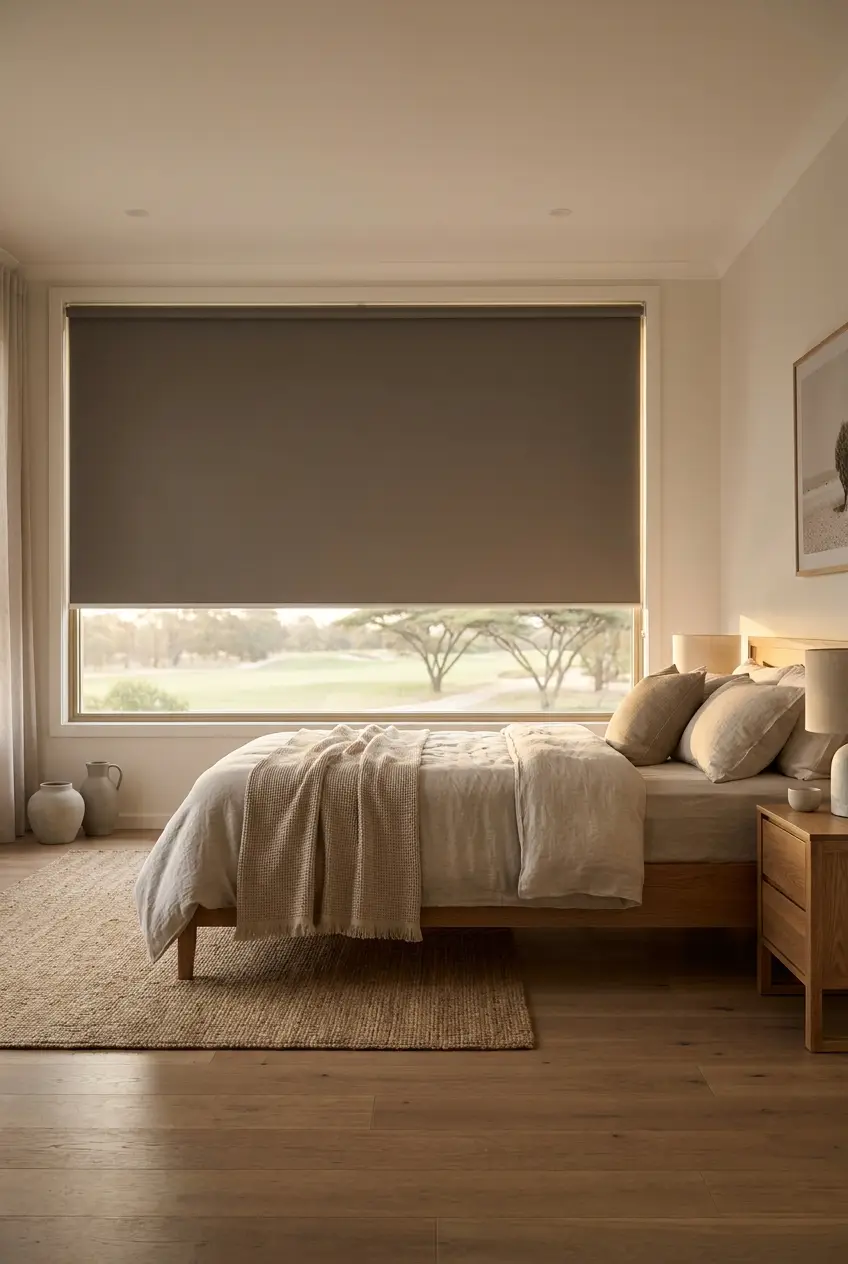 Primary bedroom in a Serengeti Estates golf home with a blockout roller blind fully lowered, soft morning light at the fabric edges