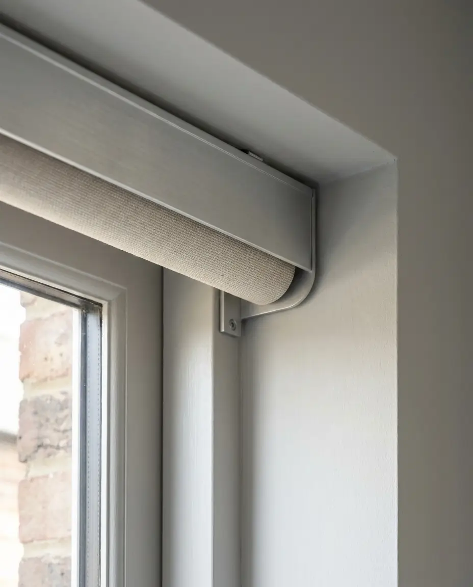 Close-up of a roller blind headrail and bracket, clean aluminium fascia and neatly coiled fabric edge