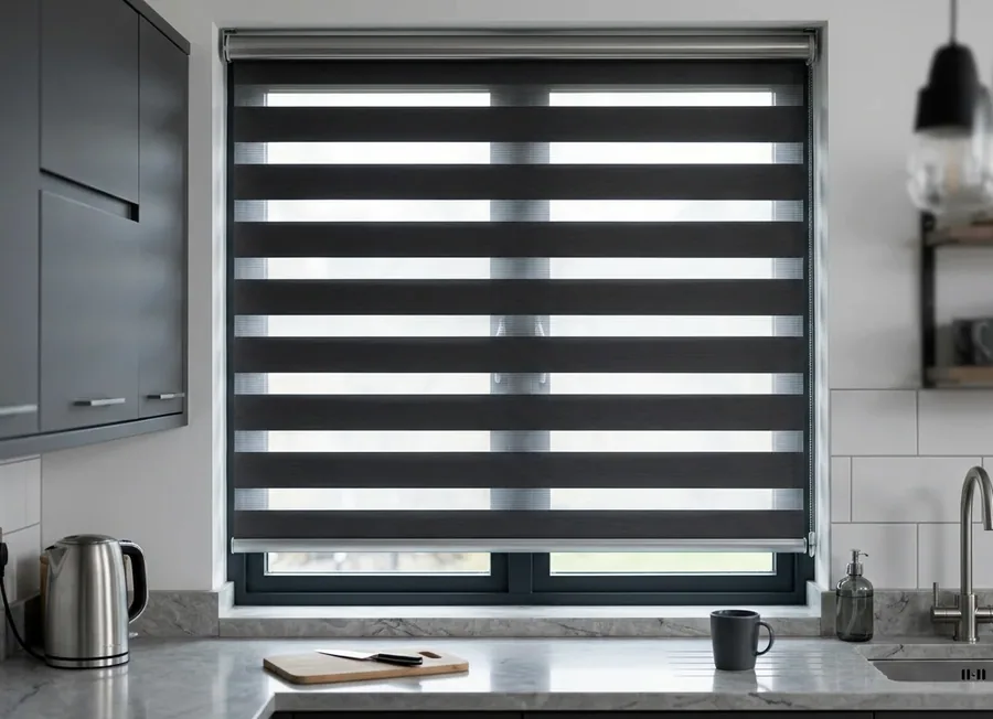 Day and night blind with alternating sheer and solid bands layered for light control