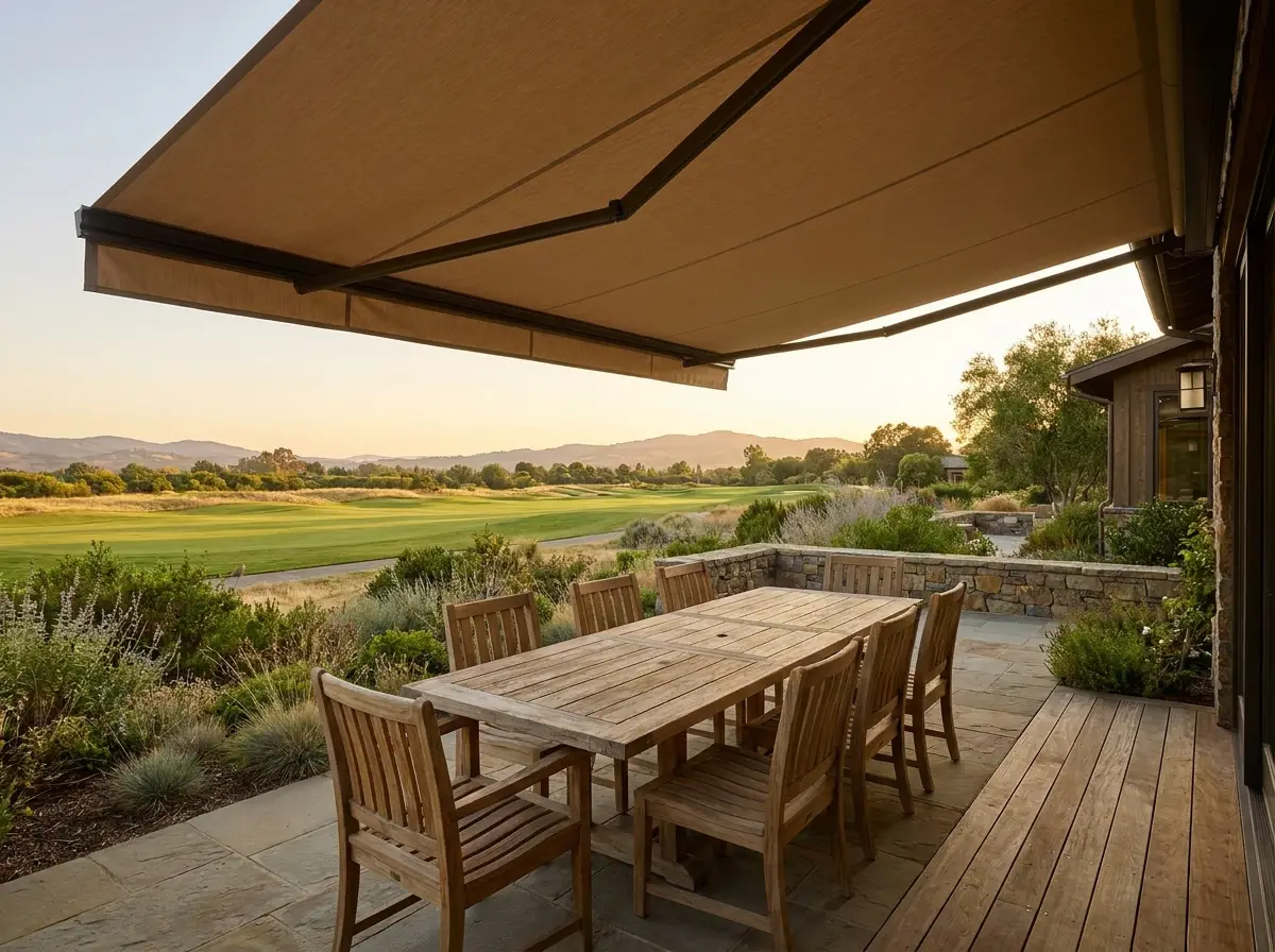 Folding-arm awning extended over an outdoor dining table, golf fairway visible past the garden edge