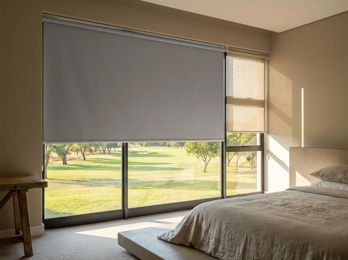 Bedroom in a Serengeti Estate home with a blockout roller blind fully lowered as a single flat sheet beside a sunscreen roller blind half-raised on a second bracket, morning light and a golf fairway visible through the glass