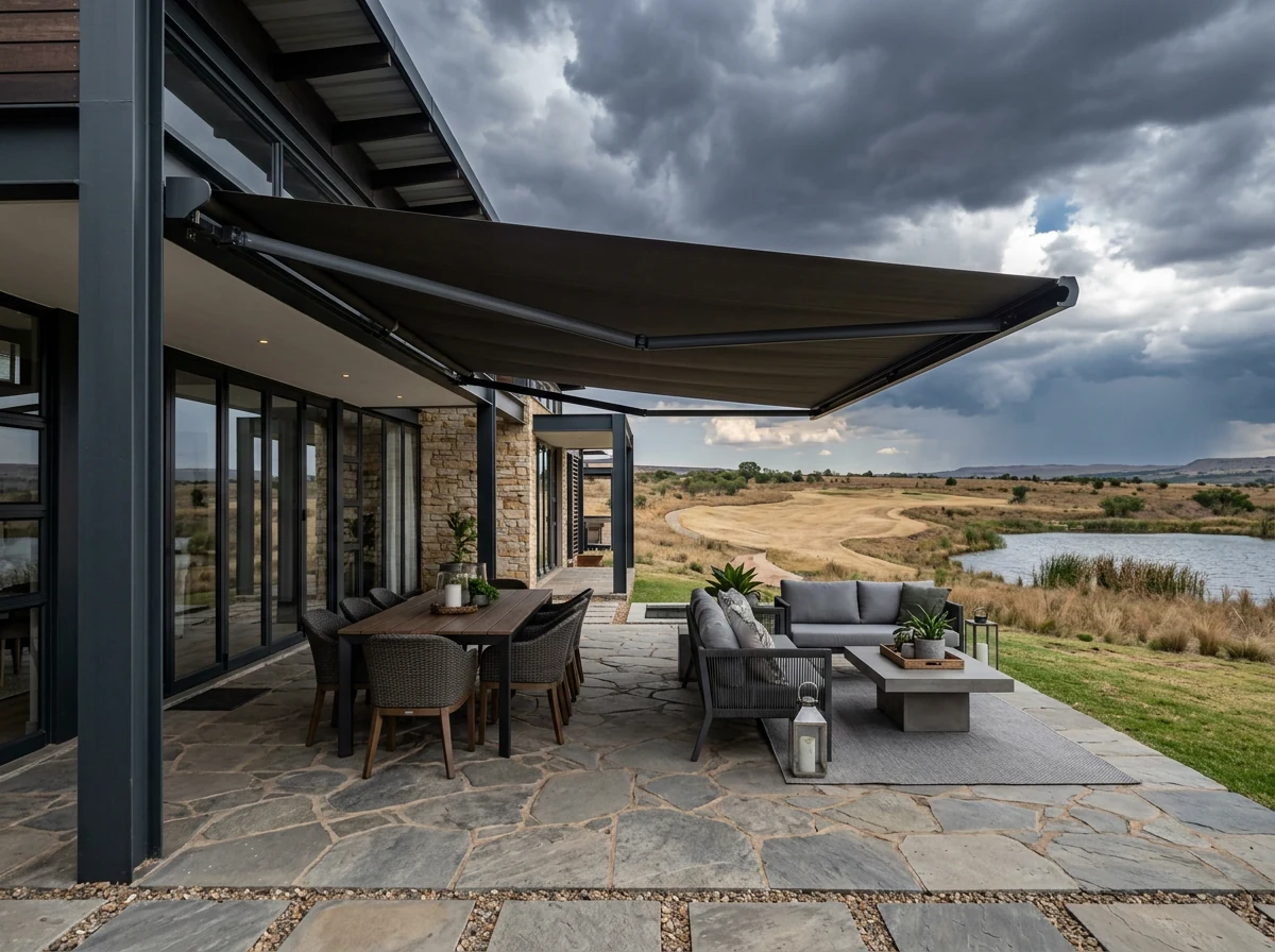 Covered patio of a Serengeti Estate home with a folding-arm awning fully extended on articulated arms over an outdoor dining and lounge area, dark highveld storm clouds building over open grassland and a dam beyond