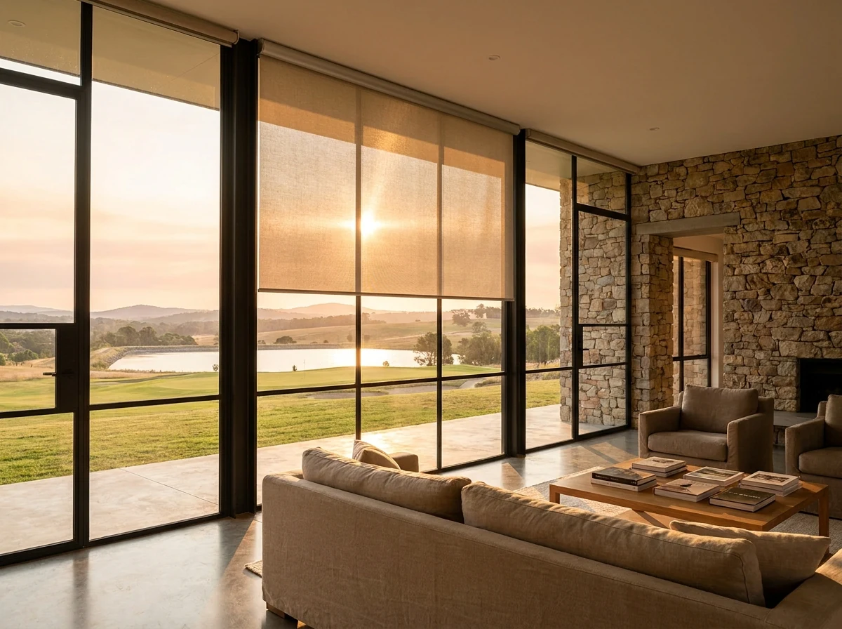 Living room of a stone-and-glass Serengeti Estate home at golden hour, a flat open-weave sunscreen roller blind lowered halfway across floor-to-ceiling glazing, softening the low afternoon sun while the fairway, dam and distant hills stay visible through the weave