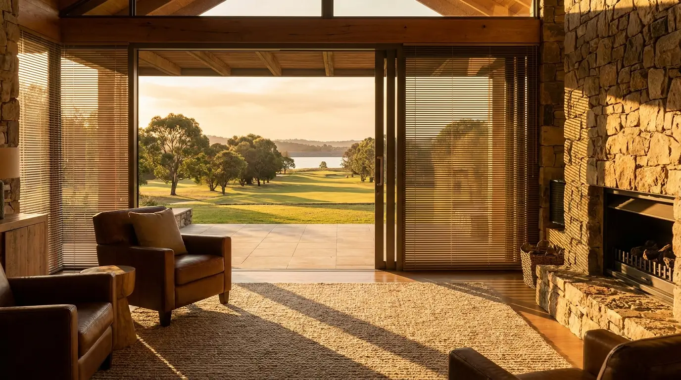 Interior view through open external venetian blinds onto a golf fairway and dam at golden hour, aluminium slats tilted against the low afternoon sun