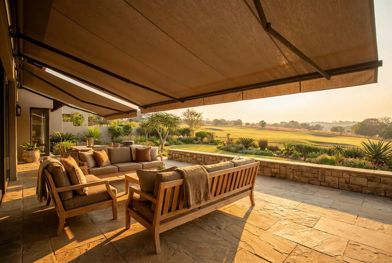 Outdoor entertainment patio at a Serengeti Estates residence, a fold-arm awning shading a lounge seating area in golden late-afternoon light